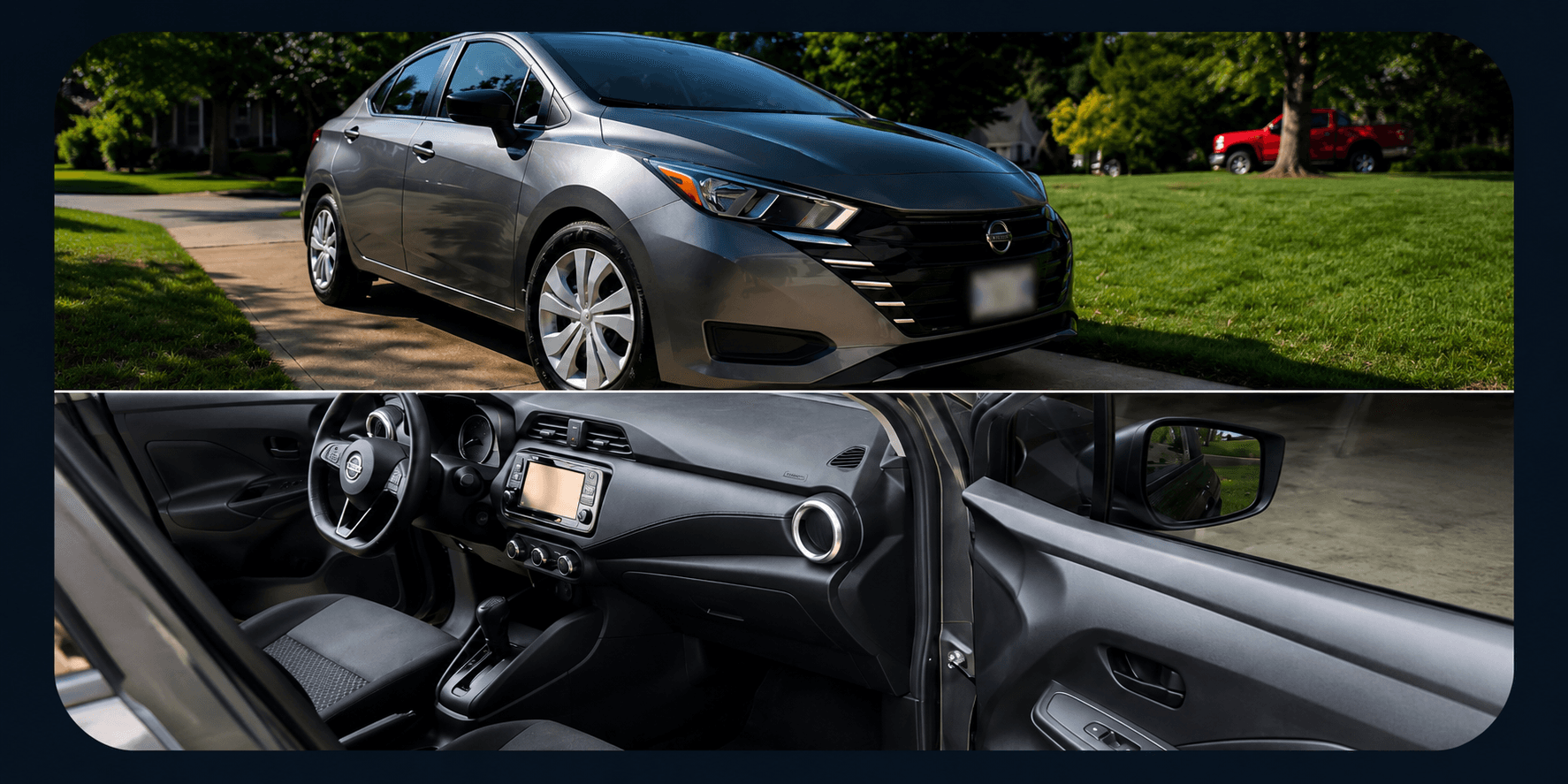 Gray Nissan Versa sedan parked on a driveway and a view of its black interior.
